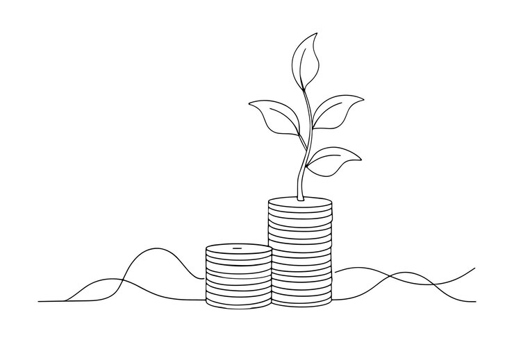 Plant growing on a stack of coins line with vector illustration on white background