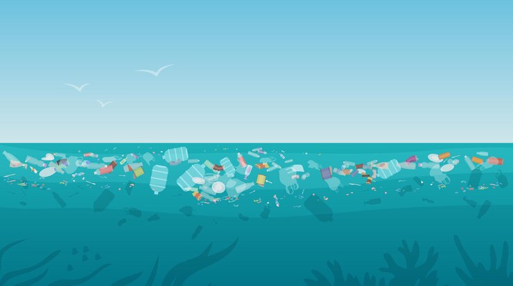 Vector plastic pollution trash on sea surface with different kinds of garbage