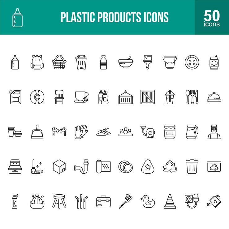 Plastic Products Line Icons for Manufacturing and Sustainable Packaging