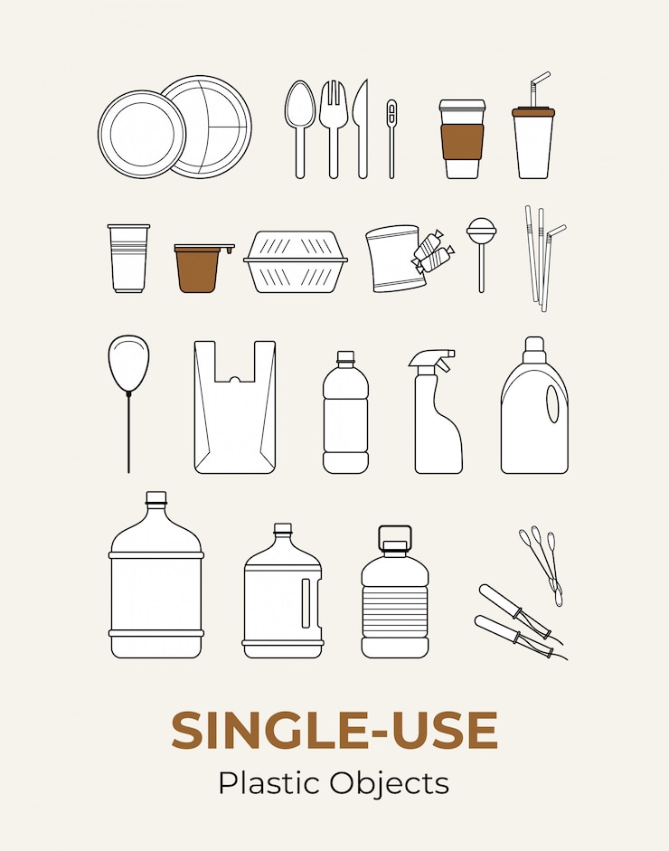 Vector plastic single-use objects. set of recycling plastic items. food and household plastic packaging flat icons for ecological