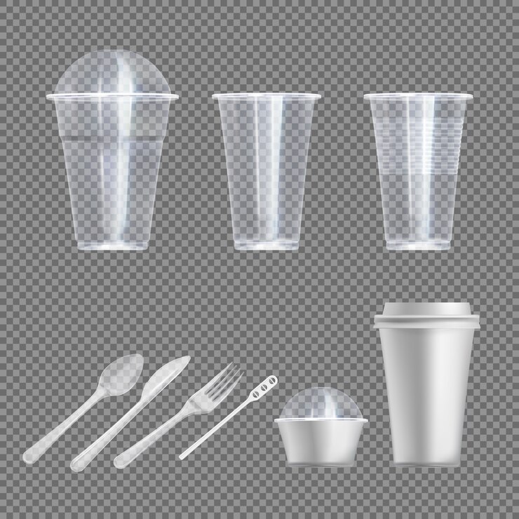 Vector plastic wear. spoon, fork and knife, glass for takeaway drink and snack with and without lids picnic kitchenware illustration. realistic crockery and kitchen ware   set on transparent