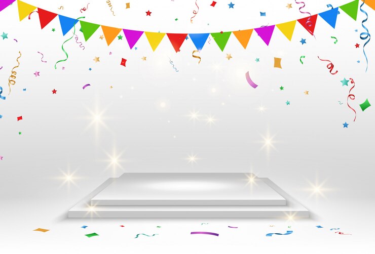 Platform realistis pada latar belakang transparan dengan confetti