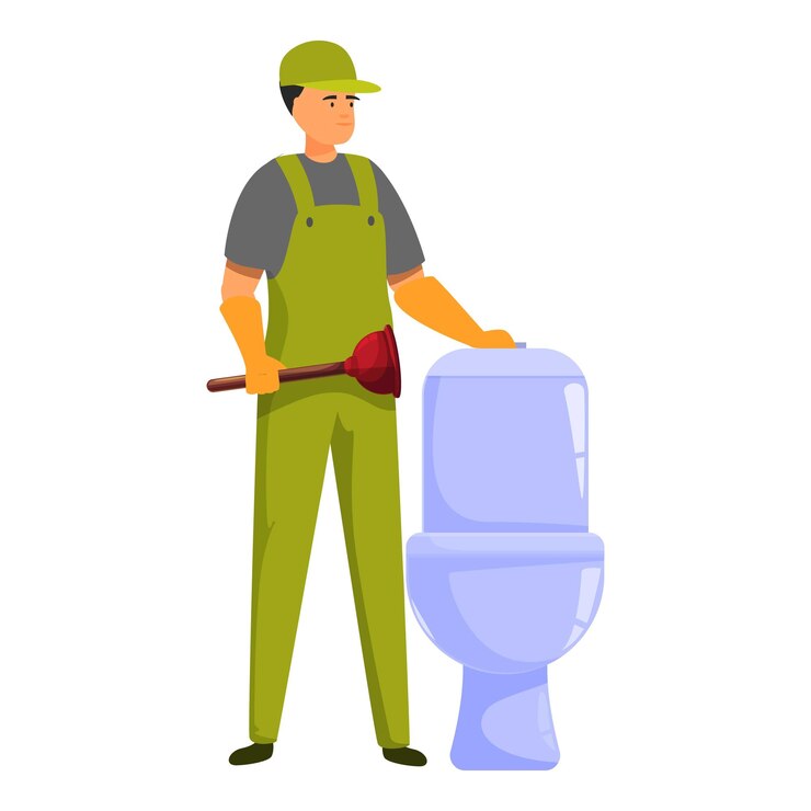Vector plumber holding plunger fixing toilet using force cup