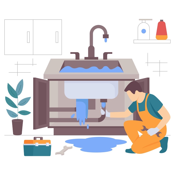 Vector plumber working under overflowing kitchen sink cabinet concept replacing leaky vanity counter vector