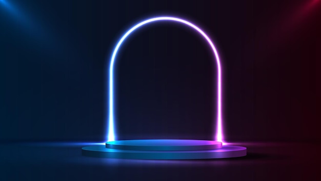podium or stand with line gradient neon in scifi abstract scene with pink and blue neon frame vector rendering product display futuristic minimal scene vector design