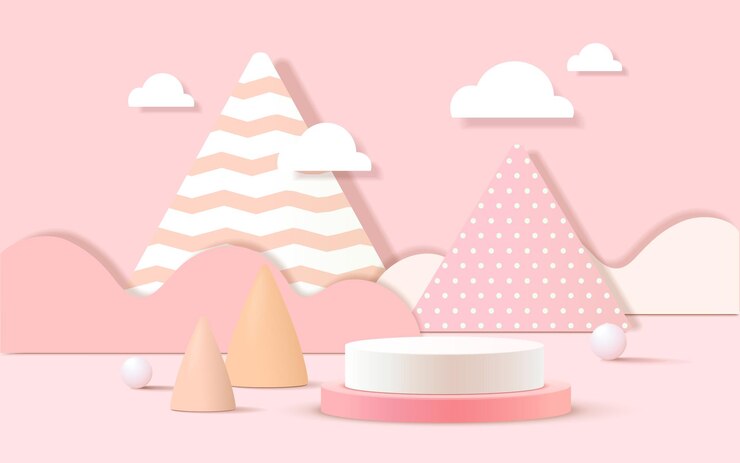 Podium produk 3d, latar belakang warna pastel, awan, cuaca dengan ruang kosong untuk produk anak-anak atau bayi.