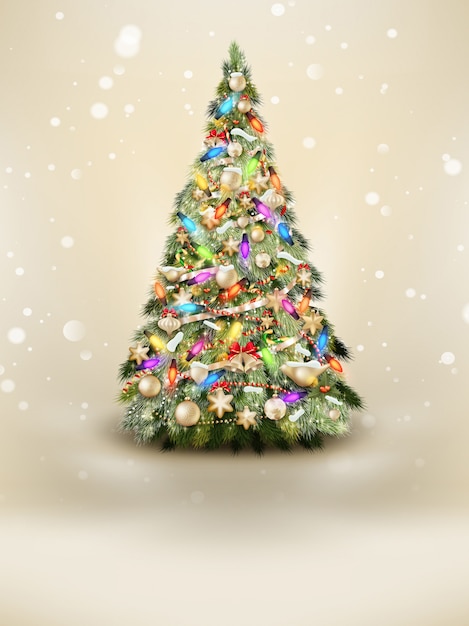 Pohon Natal hijau dengan latar belakang krem.