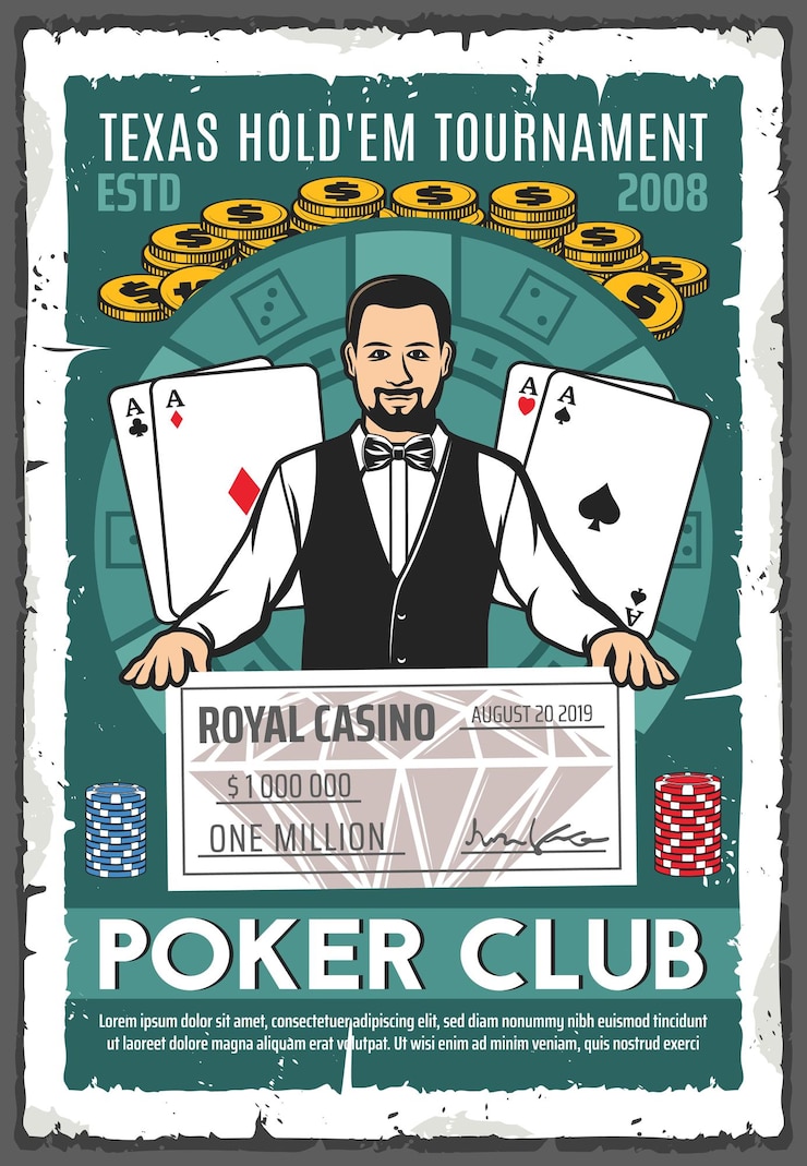 Vector poker club retro poster of croupier and win check