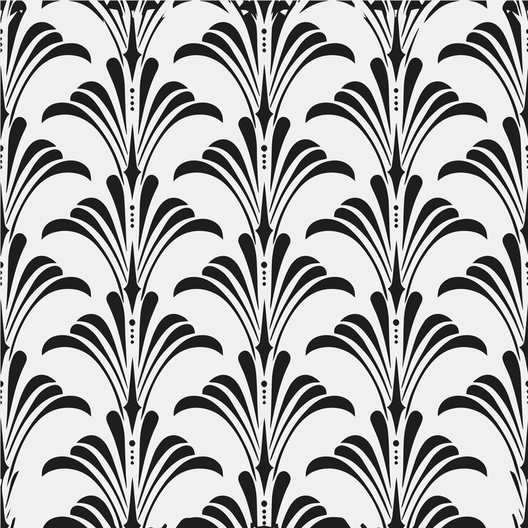 Vector pola daun palem botani hitam putih seamless art deco vintage