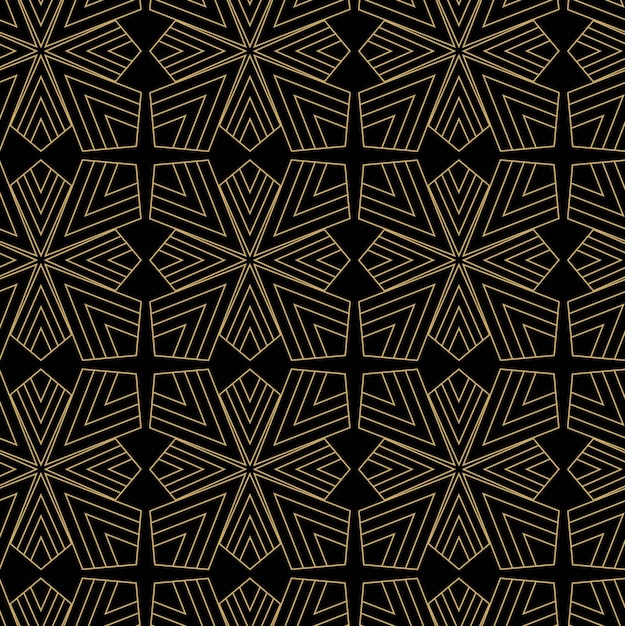 Pola geometris abstrak dengan garis silang, garis-garis, Latar belakang vektor tanpa batas. Ornamen hitam dan emas. Desain grafis retikuler modern