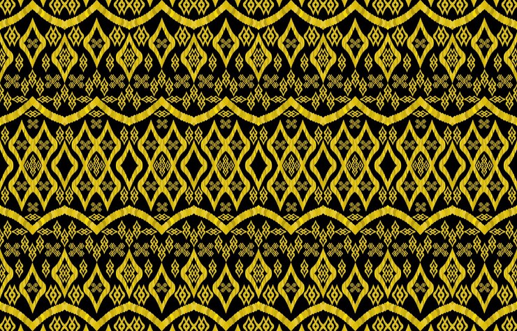 Pola ikat kain etnik kerajaan emas dengan latar belakang hitam. Gaya retro vintage suku geometris.
