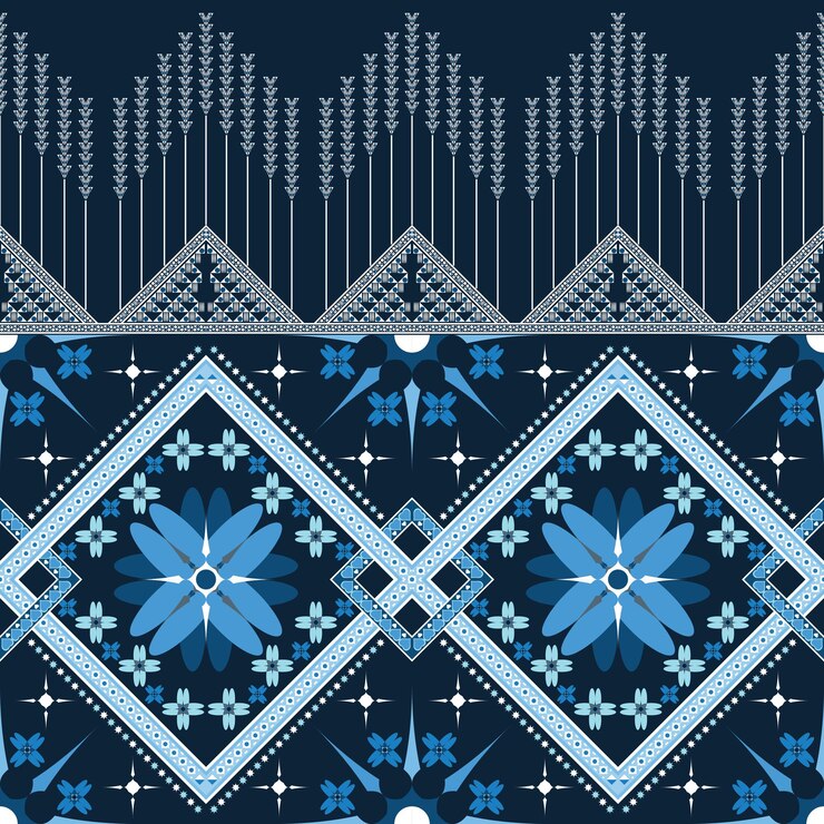 Pola kain floral etnik Afrika gaya bordir tradisional. Latar belakang biru bunga geometris.