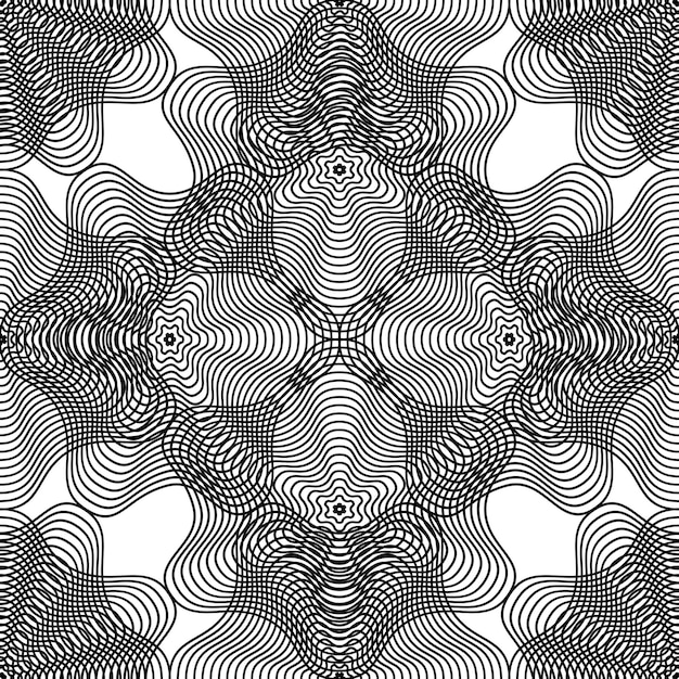 Pola mulus abstrak ilusi hitam putih dengan bentuk yang tumpang tindih. Latar belakang simetris vektor, ornamen kaleidoskop.