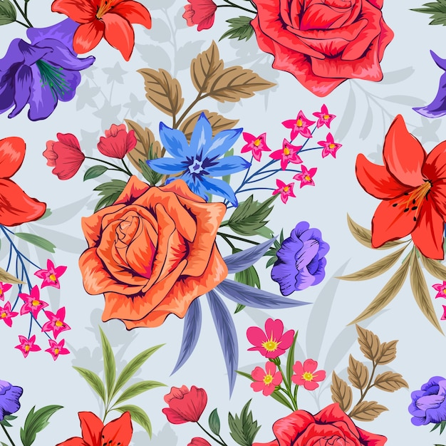 Pola mulus penuh warna yang elegan dengan ilustrasi desain bunga botani