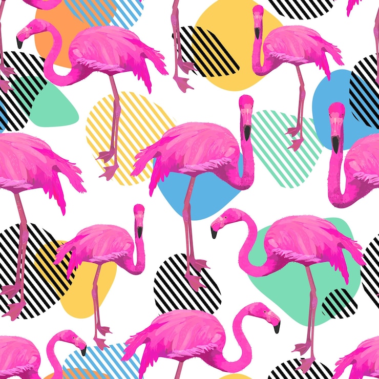 Vector pola tanpa batas dengan hewan burung flamingo dan bentuk garis warna, desain yang cocok untuk berbagai keperluan