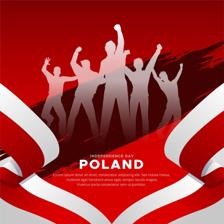 Vector poland independence day design with soldier silhouette and waving flag background