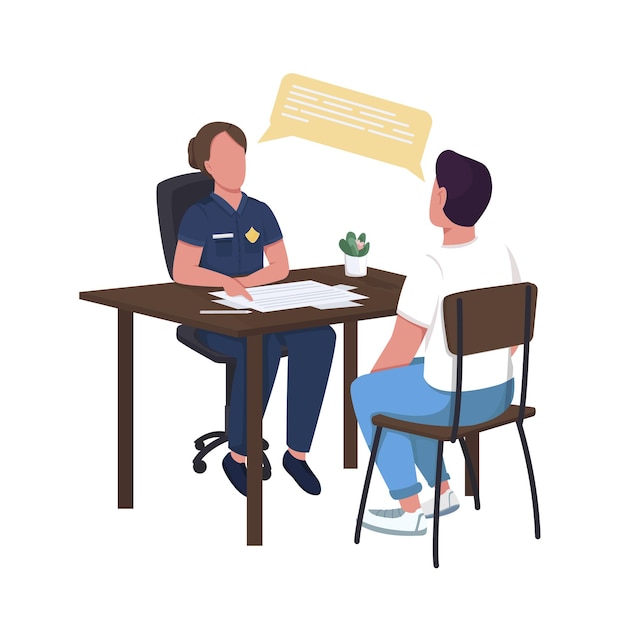 policewoman interrogating suspect semi flat color vector characters