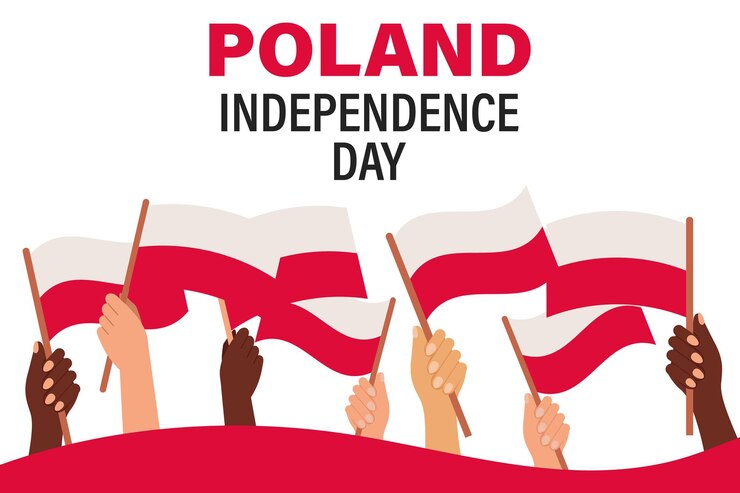 Vector polish independence day multiracial hands with polish flags poland independence day banner