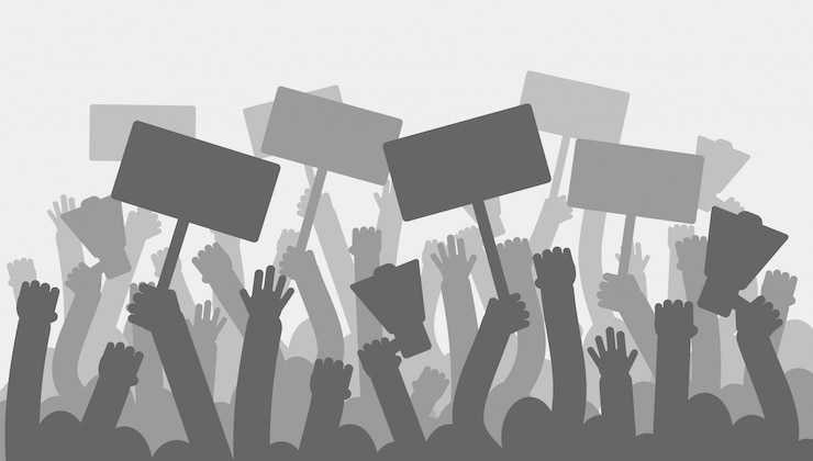 Vector political protest with silhouette protesters hands holding megaphone, banners and flags. 