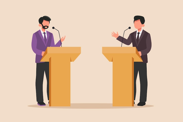 Vector politicians delivering speech during election period for presidential election voting concept colored flat graphic vector illustration