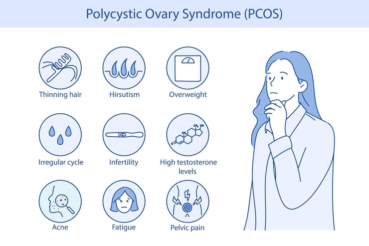 Vector polycystic ovary syndrome pcos ovarian cysts of the female reproductive system