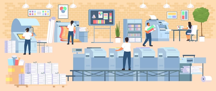 Vector polygraphy industry with various type of printing machine vector illustration