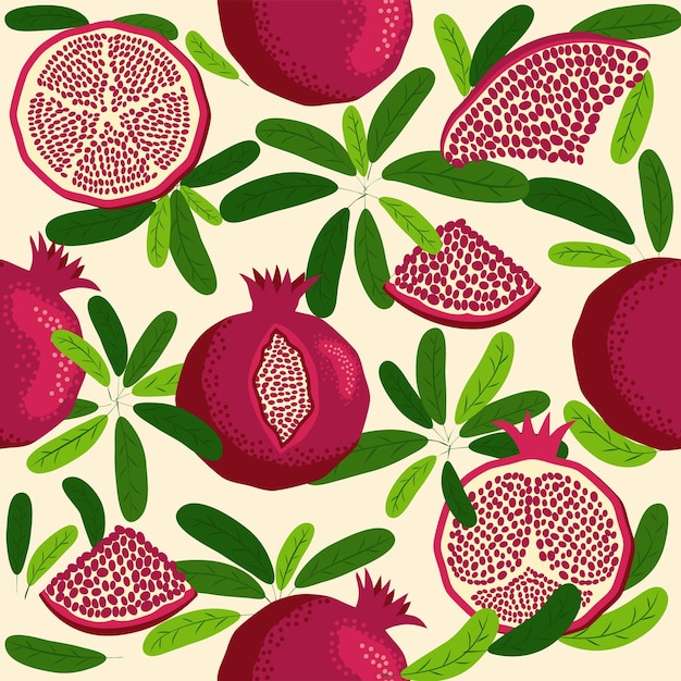 Pomegranate fruit seamless pattern Bright leaves and fruits seeds and lobules Shana Tova seamless pattern