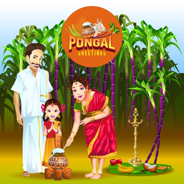 Vector pongal greetings with sugarcane farm background and happy family