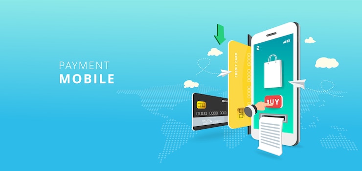 Vector ponsel dan internet banking. transaksi pembayaran online melalui kartu kredit. konsep pembayaran seluler dengan latar belakang peta dunia. ilustrasi