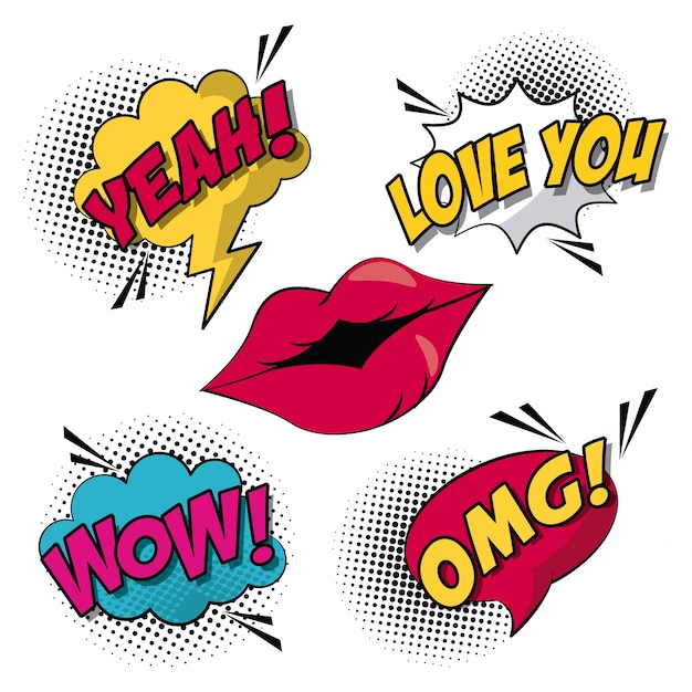 pop art style with halftone and lips with callout and text inside