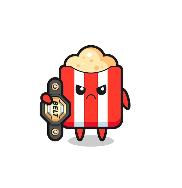Popcorn mascot character as a MMA fighter with the champion belt , cute style design for t shirt, sticker, logo element