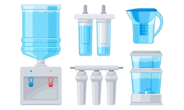 Portable Water Filters or Water Purifiers for Making Liquid Accessible for Drinking Vector Set