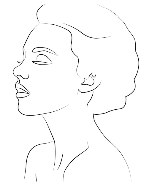Portrait by line The face of a young girl with her eyes closed drawn in one line