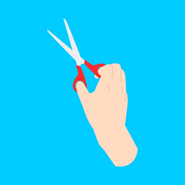 Vector pose of hand holding scissors isolated blue background vector flat illustration