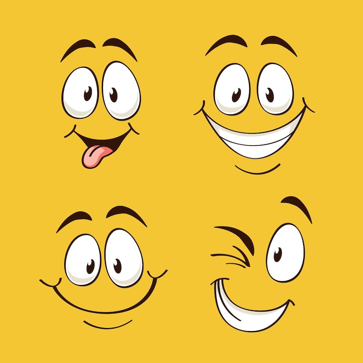 Vector positive emotions happy faces on yellow background comic eyes brows and mouth square posters or cards online emoji collection emoticon design funny expressions vector cartoon isolated set