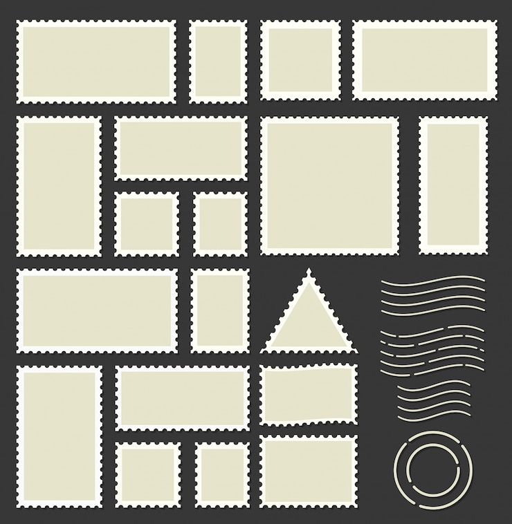 Vector postage stamps frames set on background.