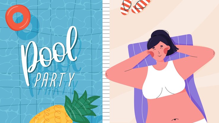 Poster atau spanduk pesta kolam renang dengan kolam renang dan gadis bersantai di atas handuk
