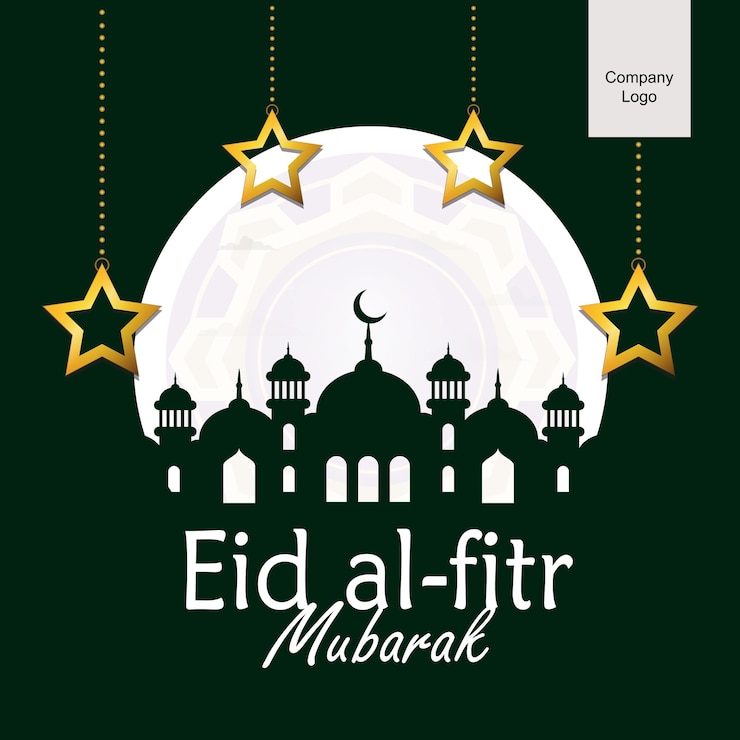 Vector poster atau spanduk sederhana selamat idul fitri dengan ilustrasi ketupat dan bintang di lingkaran putih hijau