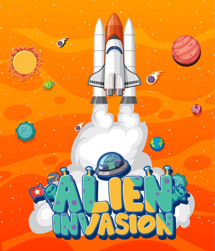 Vector poster dengan pesawat ruang angkasa dan banyak planet