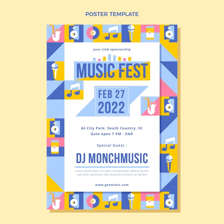 Vector poster festival musik mosaik desain datar
