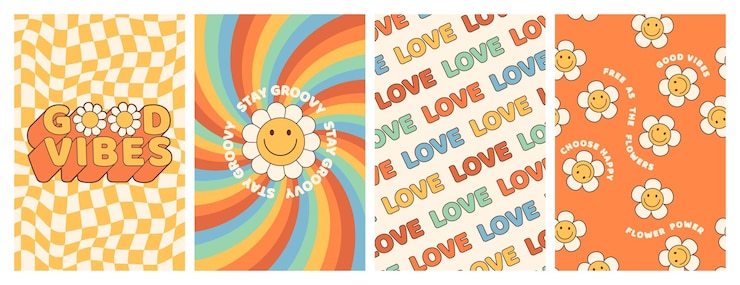 Vector poster hippie tahun 70-an groovy dengan cinta pelangi bunga dalam gaya kartun psychedelic retro trendi