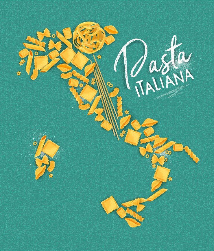 Vector poster lettering pasta italiana with macaroni map drawing on turquoise background.