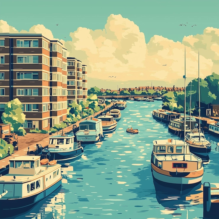 Vector poster of 1960s low rise brown flats overlooking a marina with mix of canal boats and river boats