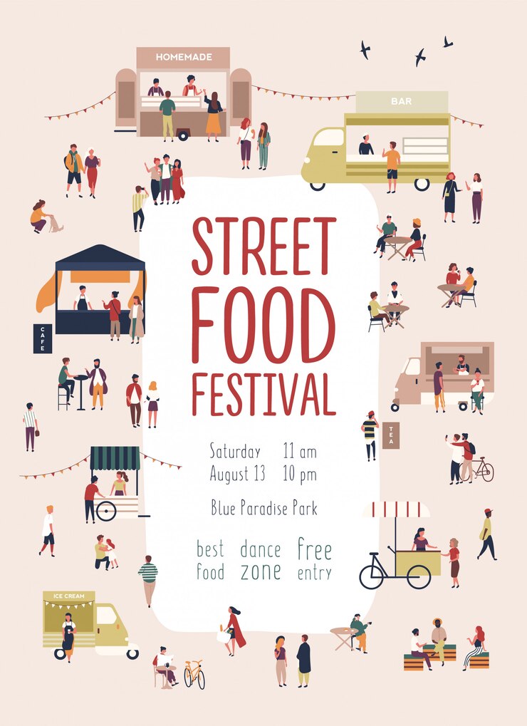 Poster of flyer template for summer street food festival with men and women walking among trucks or stalls, buying homemade meals, eating and drinking. Vector illustration for seasonal event promo.