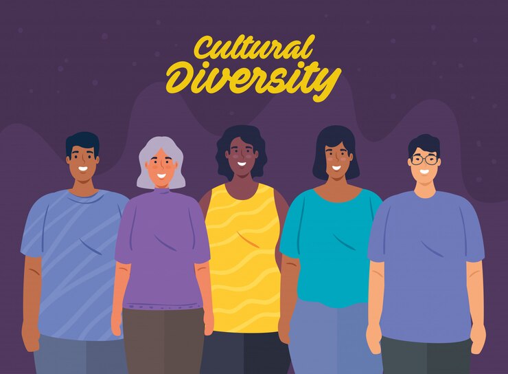 Vector poster of multiethnic group of people together, diversity and multiculturalism concept 