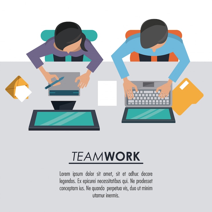 Vector poster of teamwork between man and woman both with computers 