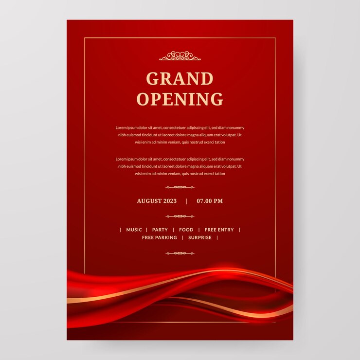 Vector poster perayaan pembukaan besar dengan dekorasi elemen pita sutra satin kain merah untuk mewah elegan vip kerajaan