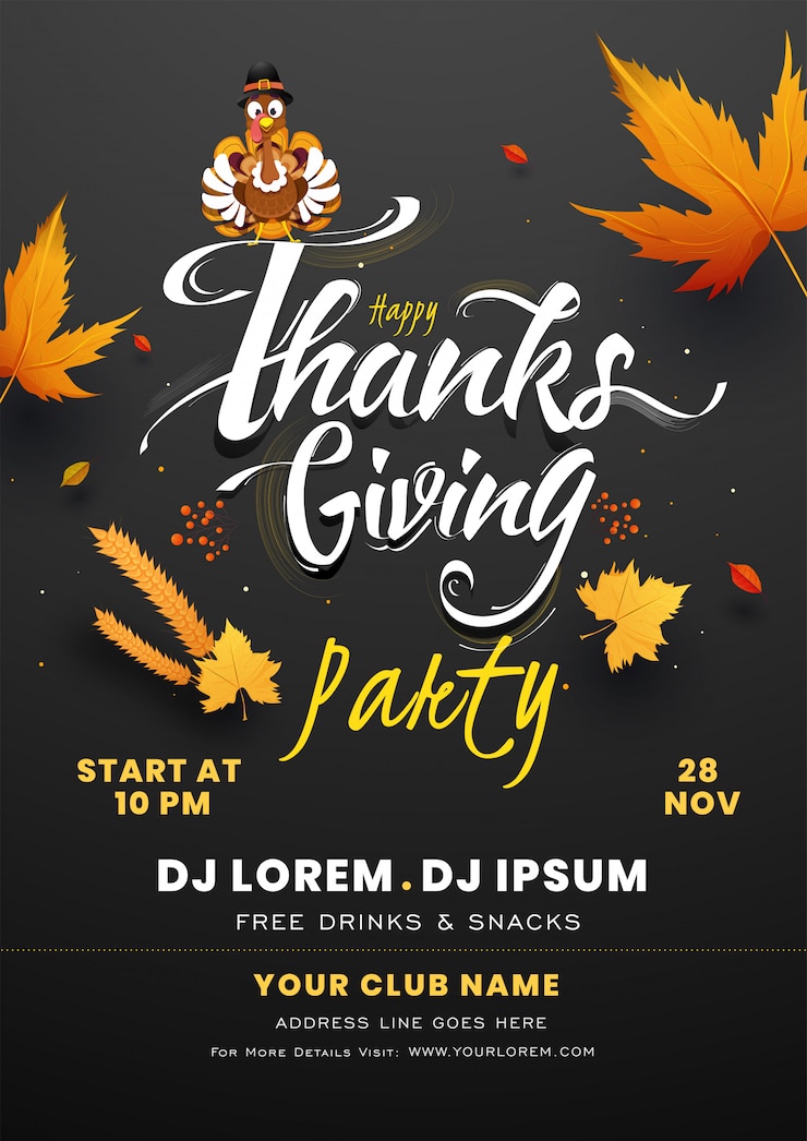 Vector poster pesta thanksgiving yang meriah dengan burung kalkun, daun musim gugur, dan detail acara