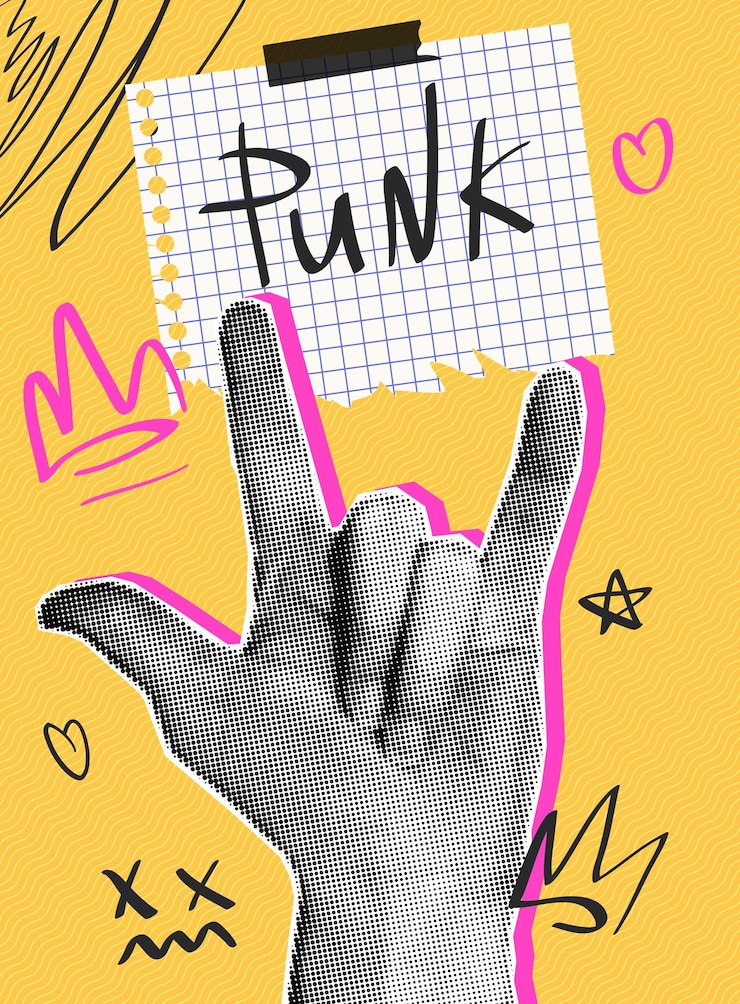 Vector poster punk kontemporer dengan tangan halftone membuat gerakan rock