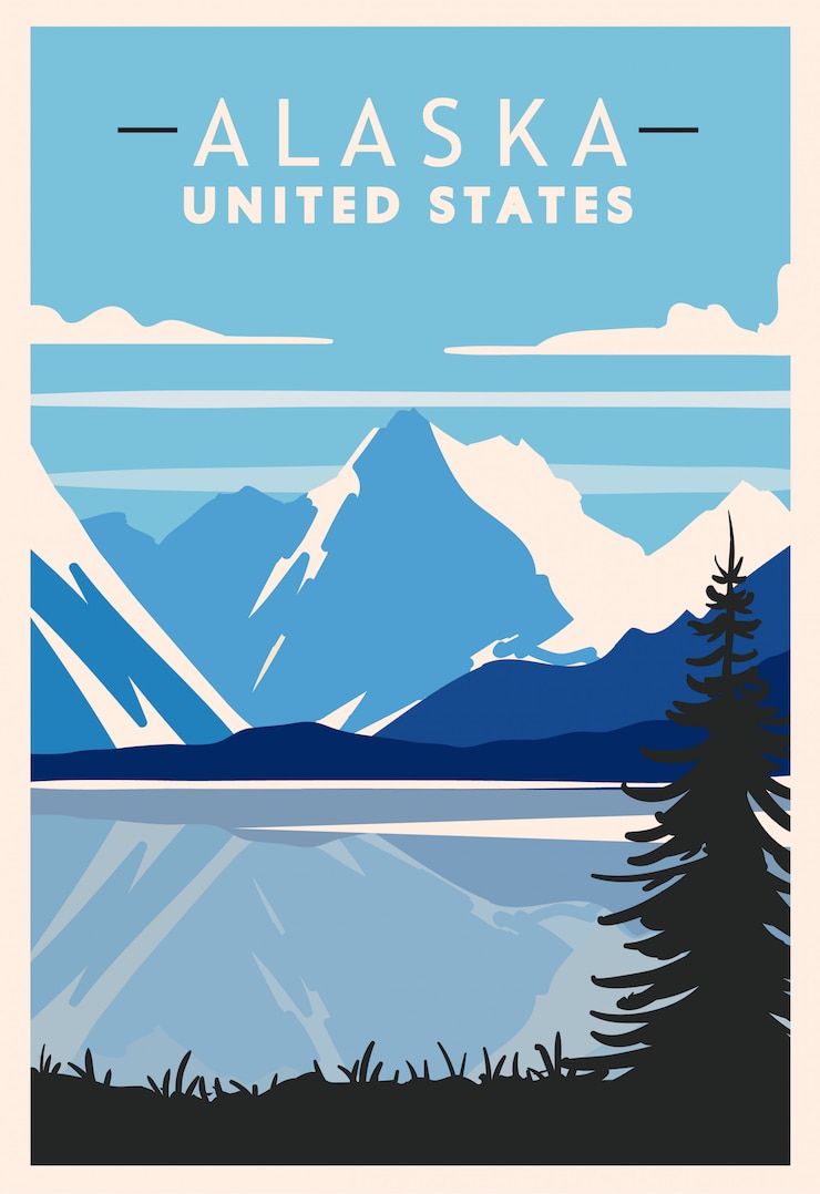 Vector poster retro alaska. ilustrasi perjalanan usa. amerika serikat
